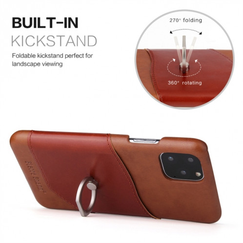 Fierre Shann Texture Cire Huile En Cuir Véritable Couverture Arrière Avec Titulaire De Rotation De 360 Degrés Et Fente Pour Carte pour iPhone 11 Pro (Marron) SH201C1645-07