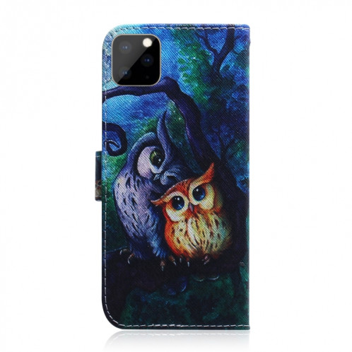 Etui en cuir à rabat horizontal avec dessin en couleur 3D, avec support et fente pour carte et portefeuille pour iPhone 11 Pro Max (Hibou pour peinture à l'huile) SH902B182-08