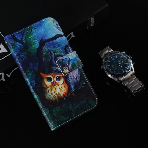 Etui en cuir à rabat horizontal avec dessin en couleur 3D, avec support et fente pour carte et portefeuille pour iPhone 11 Pro Max (Hibou pour peinture à l'huile) SH902B182-08