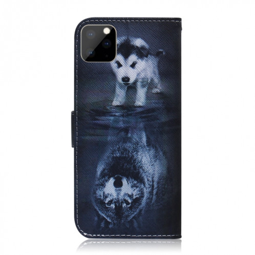 Étui en cuir à rabat horizontal avec dessin en couleur 3D, avec support et fente pour carte et portefeuille pour iPhone 11 Pro Max (loup et chien) SH902G381-08