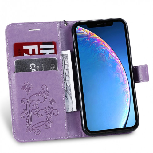 Étui en cuir PU avec motif de papillon pressé et impression horizontale avec fentes pour cartes et porte-cartes et portefeuille et lanière pour iPhone 11 Pro (violet) SH501G665-09