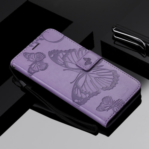 Étui en cuir PU avec motif de papillon pressé et impression horizontale avec fentes pour cartes et porte-cartes et portefeuille et lanière pour iPhone 11 Pro (violet) SH501G665-09
