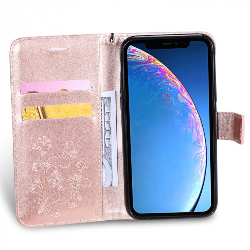 Pressé Impression Etui en cuir PU avec motif de papillon et rabat horizontal avec porte-cartes et portefeuille & lanière pour iPhone 11 Pro (or rose) SH501H563-09