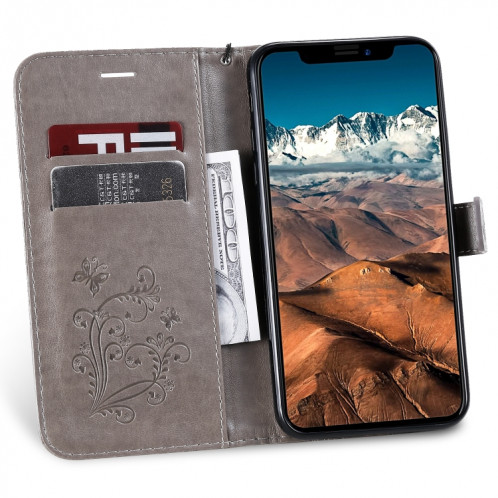 Pressé Impression papillon Motif Flip horizontale Housse en cuir avec titulaire et fentes pour cartes et portefeuille et lanière pour iPhone 11 Pro Max (Gris) SH503B188-09