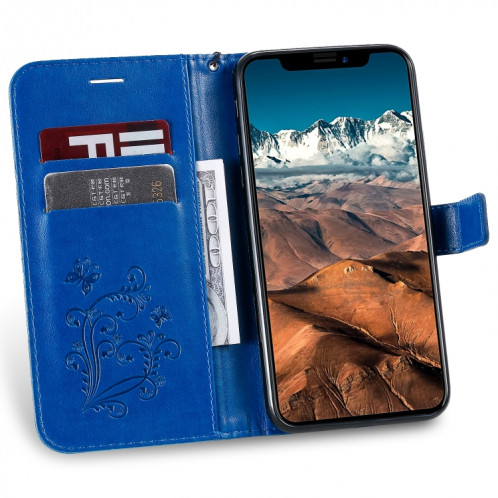 Pressé Impression papillon Motif Flip horizontale Housse en cuir PU avec titulaire et fentes pour cartes et portefeuille et lanière pour iPhone 11 Pro Max (Bleu) SH503E483-09