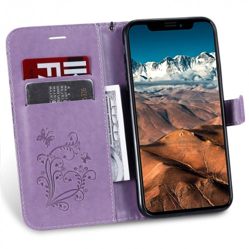 Étui en cuir PU avec motif de papillon pressé pour impression avec fente pour titulaire et fente pour carte et portefeuille et lanière pour iPhone 11 Pro Max (violet) SH503G1725-09