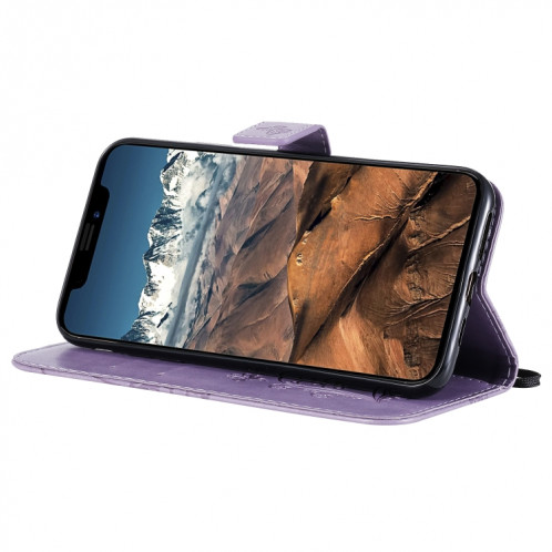 Étui en cuir PU avec motif de papillon pressé pour impression avec fente pour titulaire et fente pour carte et portefeuille et lanière pour iPhone 11 Pro Max (violet) SH503G1725-09