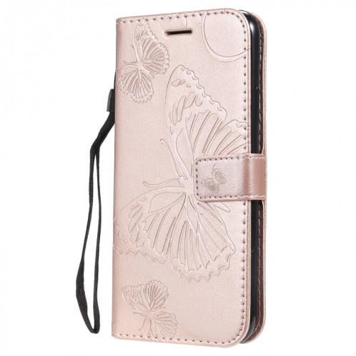 Étui en cuir PU avec motif de papillon pressé pour impression horizontale avec fentes pour cartes et porte-cartes ainsi que pour portefeuille et lanière pour iPhone 11 Pro Max (or rose) SH503H399-09