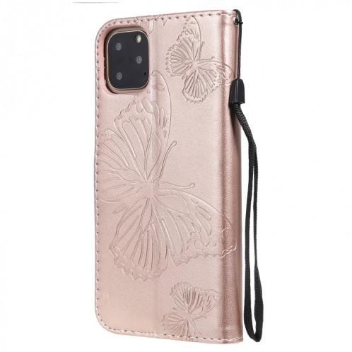 Étui en cuir PU avec motif de papillon pressé pour impression horizontale avec fentes pour cartes et porte-cartes ainsi que pour portefeuille et lanière pour iPhone 11 Pro Max (or rose) SH503H399-09