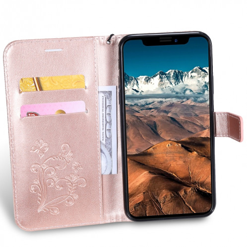 Étui en cuir PU avec motif de papillon pressé pour impression horizontale avec fentes pour cartes et porte-cartes ainsi que pour portefeuille et lanière pour iPhone 11 Pro Max (or rose) SH503H399-09