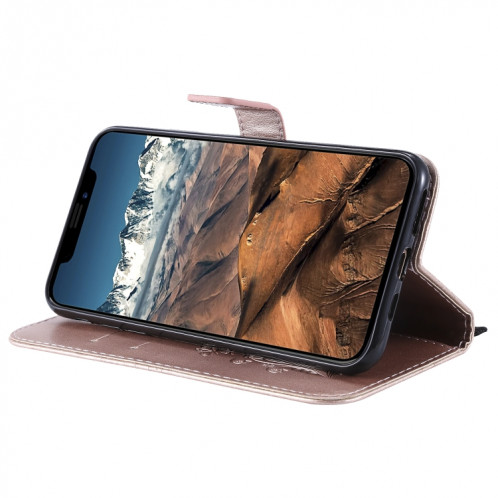 Étui en cuir PU avec motif de papillon pressé pour impression horizontale avec fentes pour cartes et porte-cartes ainsi que pour portefeuille et lanière pour iPhone 11 Pro Max (or rose) SH503H399-09