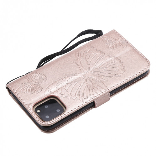 Étui en cuir PU avec motif de papillon pressé pour impression horizontale avec fentes pour cartes et porte-cartes ainsi que pour portefeuille et lanière pour iPhone 11 Pro Max (or rose) SH503H399-09