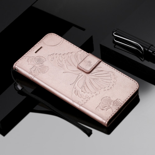 Étui en cuir PU avec motif de papillon pressé pour impression horizontale avec fentes pour cartes et porte-cartes ainsi que pour portefeuille et lanière pour iPhone 11 Pro Max (or rose) SH503H399-09