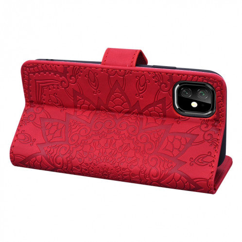 Étui en cuir estampé à double rabat avec motif pour mollet et fentes pour cartes de visite et portefeuille pour iPhone 11 Pro (5.8 pouces) (Rouge) SH507C954-07