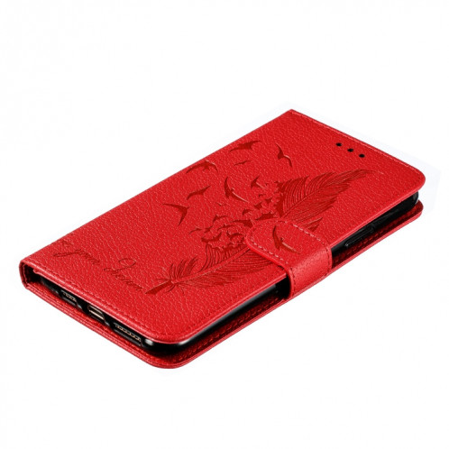 Étui en cuir à rabat horizontal avec motif de plume et texture litchi avec emplacements pour portefeuille et porte-cartes pour iPhone 11 Pro (rouge) SH803A1237-011