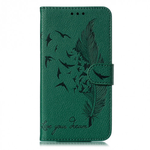 Etui en cuir à rabat horizontal avec motif de plume et texture litchi avec emplacements pour portefeuille et porte-cartes pour iPhone 11 Pro (Vert) SH803B1418-011