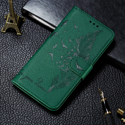 Etui en cuir à rabat horizontal avec motif de plume et texture litchi avec emplacements pour portefeuille et porte-cartes pour iPhone 11 Pro (Vert) SH803B1418-011