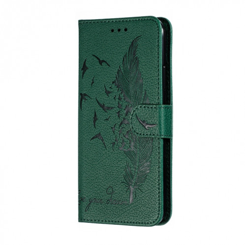 Etui en cuir à rabat horizontal avec motif de plume et texture litchi avec emplacements pour portefeuille et porte-cartes pour iPhone 11 Pro (Vert) SH803B1418-011