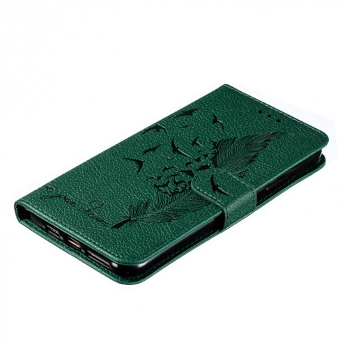 Etui en cuir à rabat horizontal avec motif de plume et texture litchi avec emplacements pour portefeuille et porte-cartes pour iPhone 11 Pro (Vert) SH803B1418-011