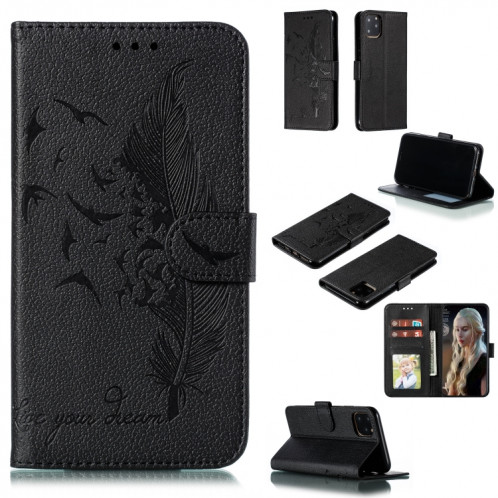 Etui en cuir à rabat horizontal avec motif de plume et texture litchi avec emplacements pour portefeuille et porte-cartes pour iPhone 11 Pro (noir) SH803C185-011