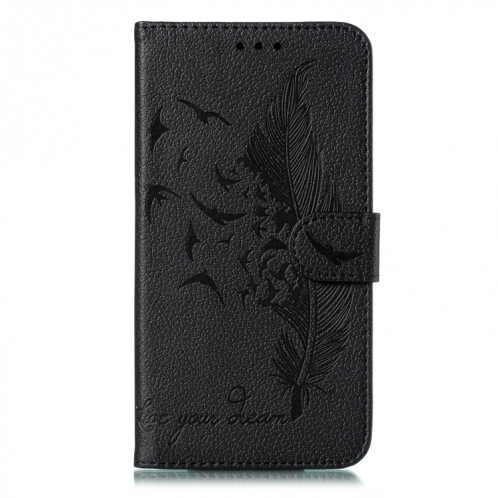 Etui en cuir à rabat horizontal avec motif de plume et texture litchi avec emplacements pour portefeuille et porte-cartes pour iPhone 11 Pro (noir) SH803C185-011