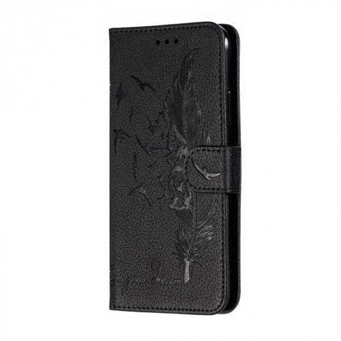 Etui en cuir à rabat horizontal avec motif de plume et texture litchi avec emplacements pour portefeuille et porte-cartes pour iPhone 11 Pro (noir) SH803C185-011