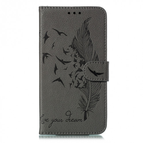 Etui en cuir à rabat horizontal avec motif de plume et texture litchi avec emplacements pour portefeuille et porte-cartes pour iPhone 11 Pro (Gris) SH803D1304-011