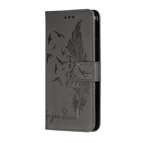 Etui en cuir à rabat horizontal avec motif de plume et texture litchi avec emplacements pour portefeuille et porte-cartes pour iPhone 11 Pro (Gris) SH803D1304-011