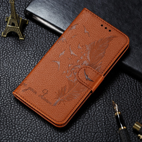 Étui en cuir à rabat horizontal avec motif de plume et texture litchi avec fentes pour portefeuille et porte-cartes pour iPhone 11 Pro (Marron) SH803E243-011