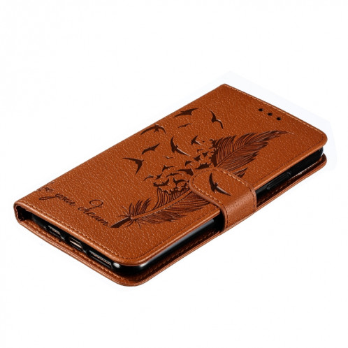 Étui en cuir à rabat horizontal avec motif de plume et texture litchi avec fentes pour portefeuille et porte-cartes pour iPhone 11 Pro (Marron) SH803E243-011