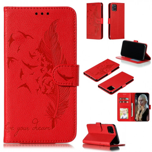 Étui en cuir à rabat horizontal avec motif de plume et texture litchi avec fentes pour portefeuille et porte-cartes pour iPhone 11 Pro Max (rouge) SH805A1956-011