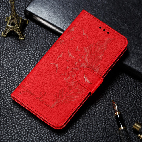 Étui en cuir à rabat horizontal avec motif de plume et texture litchi avec fentes pour portefeuille et porte-cartes pour iPhone 11 Pro Max (rouge) SH805A1956-011