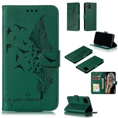 Étui en cuir à rabat horizontal avec motif de plume et texture litchi avec emplacements pour portefeuille et porte-cartes pour iPhone 11 Pro Max (Vert) SH805B1565-011