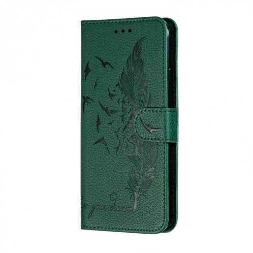 Étui en cuir à rabat horizontal avec motif de plume et texture litchi avec emplacements pour portefeuille et porte-cartes pour iPhone 11 Pro Max (Vert) SH805B1565-011
