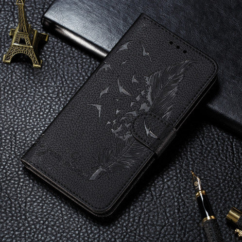 Étui en cuir à rabat horizontal avec motif de plume et texture litchi avec fentes pour portefeuille et porte-cartes pour iPhone 11 Pro Max (noir) SH805C228-011