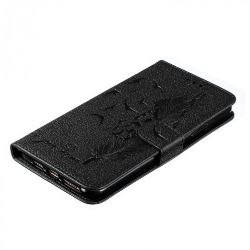 Étui en cuir à rabat horizontal avec motif de plume et texture litchi avec fentes pour portefeuille et porte-cartes pour iPhone 11 Pro Max (noir) SH805C228-011