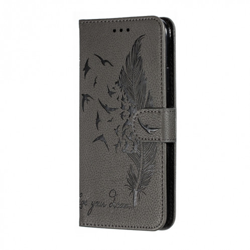 Etui en cuir à rabat horizontal avec motif de plume et texture litchi avec emplacements pour portefeuille et porte-cartes pour iPhone 11 Pro Max (Gris) SH805D1780-011