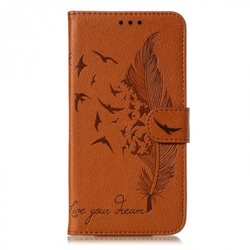 Etui en cuir à rabat horizontal avec motif de plume et texture litchi avec emplacements pour portefeuille et porte-cartes pour iPhone 11 Pro Max (Marron) SH805E201-011