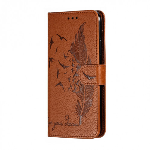 Etui en cuir à rabat horizontal avec motif de plume et texture litchi avec emplacements pour portefeuille et porte-cartes pour iPhone 11 Pro Max (Marron) SH805E201-011