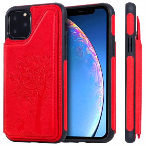 Pour iPhone 11 Pro Cat Tree Motif Gaufrage Étui de protection antichoc avec fentes pour cartes et cadre photo (Rouge) SH009E69-07