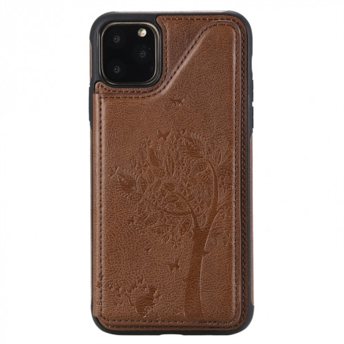 Pour iPhone 11 Pro Max Arbre à chat Motif gravé en relief Étui de protection antichoc avec fentes pour cartes et cadre photo (Marron) SH011D880-07