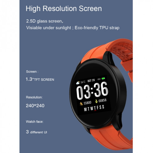 Montre intelligente à écran couleur B7 de 0,96 pouces, moniteur de sommeil de soutien / moniteur de fréquence cardiaque / tensiomètre (orange) SH801A393-012