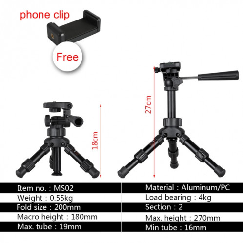 BEXIN MS02 petit trépied d'appareil photo de table léger pour appareil photo reflex numérique de téléphone SB01071272-06