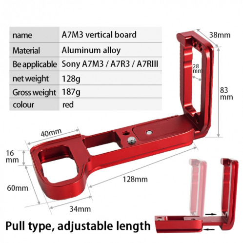 BEXIN A73 Clapet vertical de caméra à plaque en L pour caméra A7M3 A7III A7RIII (rouge) SB801B1053-07