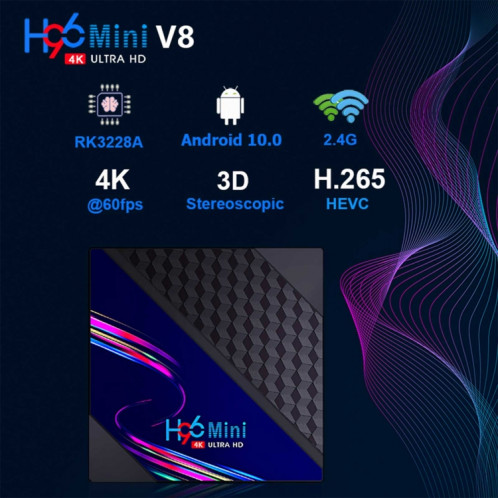 H96 MINI V8 Boîte TV Smart 4K avec télécommande, Android 10.0, RK3228A Quad-Core Cortex-A7, 1 Go + 8 Go, Tiktok intégré, Support DLNA / HDMI / USBX2 / 2.4G WIFI, Type de bouchon: UK Bouchon SH72031006-013