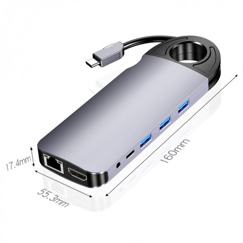 HW-TC28 10 en 1 USB 3.0 x3 + HDMI + VGA + SD + TF + PD + Port Ethernet + Port 3,5 mm Station d'accueil HUB multifonction de type C / USB-C (gris) SH301A1705-014