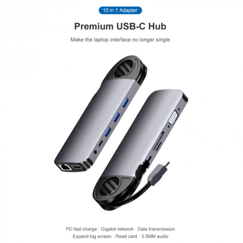 HW-TC28 10 en 1 USB 3.0 x3 + HDMI + VGA + SD + TF + PD + Port Ethernet + Port 3,5 mm Station d'accueil HUB multifonction de type C / USB-C (gris) SH301A1705-014