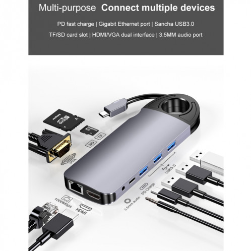 HW-TC28 10 en 1 USB 3.0 x3 + HDMI + VGA + SD + TF + PD + Port Ethernet + Port 3,5 mm Station d'accueil HUB multifonction de type C / USB-C (gris) SH301A1705-014