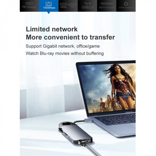 HW-TC28 10 en 1 USB 3.0 x3 + HDMI + VGA + SD + TF + PD + Port Ethernet + Port 3,5 mm Station d'accueil HUB multifonction de type C / USB-C (gris) SH301A1705-014
