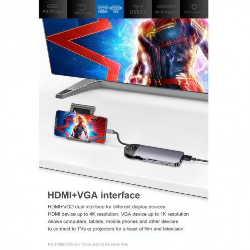 HW-TC28 10 en 1 USB 3.0 x3 + HDMI + VGA + SD + TF + PD + Port Ethernet + Port 3,5 mm Station d'accueil HUB multifonction de type C / USB-C (gris) SH301A1705-014